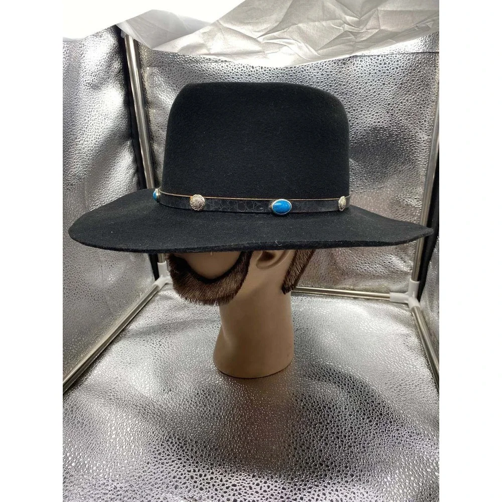 Bee Hat Co Cowboy Hat Mens 7 1/4 Black Felt Turquoise Concho Wide Brim Western